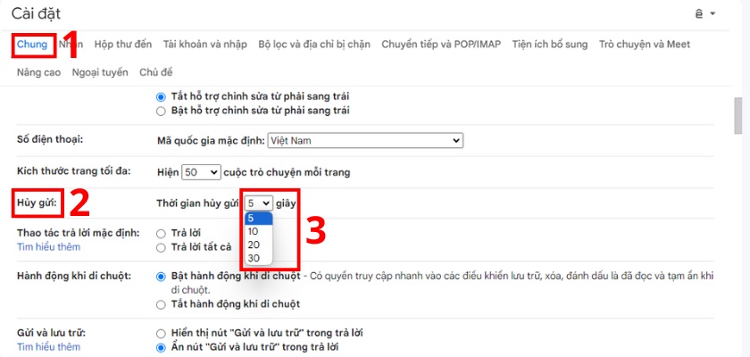 thiết lập thời gian thu hồi email